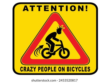 Warning sign about careless and reckless cyclists. Vector warning sign on pedestrian areas in parks and squares where young people on bicycles ride carelessly. Pictogram, sticker, icon