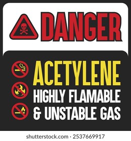 Señal de advertencia para el gas acetileno que indica alta inflamabilidad e inestabilidad. Adecuado para seguridad industrial, calcomanías y tablas de peligro, garantizando la seguridad del gas en zonas de alto riesgo.