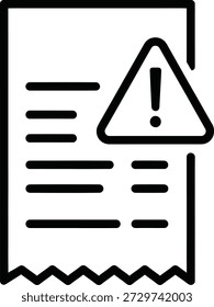 A warning sign appears on a financial document indicating a potential issue or error with a transaction, icon arranged in a clean, perfectly aligned grid, flat vector design, solid black color, consistent stroke and proportions, fully editable EPS vector format, no gradients, no shadows, no text