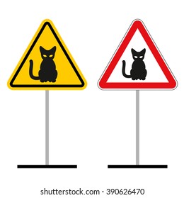 Warning sign attention cats. Hazard yellow sign a pet. Cat on a red triangle. set of Road signs
