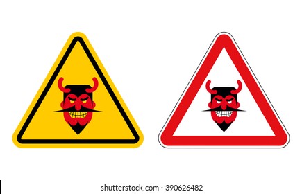 Warning sign attention devil. Hazard yellow sign Satan. Demon on red triangle. Set of Road signs for hell

