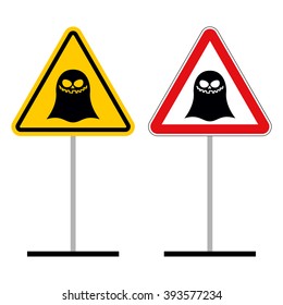 Warning sign attention ghost. Hazard yellow symbol supernatural creature. specter on red triangle. Set of Road signs of mythical creatures

