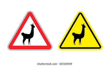 Warning sign attention Llama. Hazard yellow sign wild animal. Alpaca llama on a red triangle. Set  Road signs
