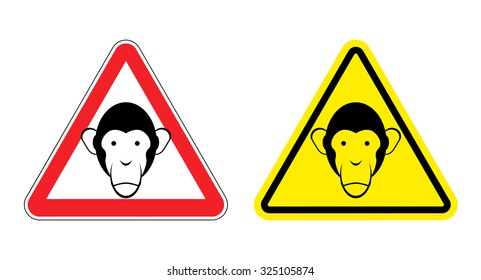 Warning sign attention monkey. Hazard yellow sign head monkeys. Silhouette Chimp ball on  red triangle. Set Road signs.