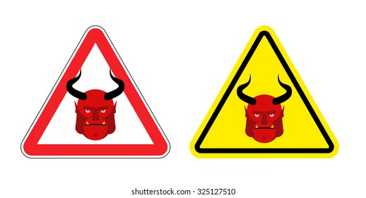 Warning sign attention to Satan. Hazard yellow sign of devil. Head of demon with horns the red triangle. Set  Road signs.