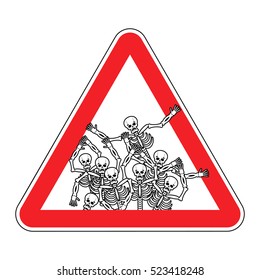Warning sign of attention sinners. Dangers red symbol dead. Skeletons on triangle. Hell Road signs Payment for symbol. terrible road