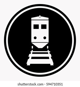 Signo de advertencia símbolo del tren de atención círculo negro sobre fondo blanco. Ilustración vectorial de la peligrosidad del tráfico ferroviario en el personal de atención ferroviaria. Icono de arte de diseño gráfico plano con estilo de caricatura.