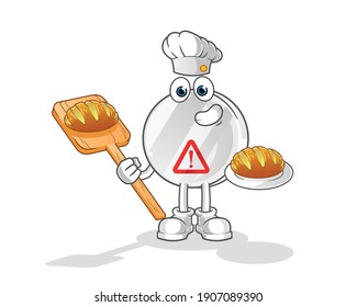 panadero de signos de advertencia con caricatura de pan. vector de mascota de dibujos animados