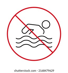 Warning Sign Ban Swim Zone Black Line Icon. Prohibit Swim Zone. Caution Forbid Danger Swim Area Beach Pictogram. No Allowed Deep Water Dive Red Stop Circle Symbol. Isolated Vector Illustration.