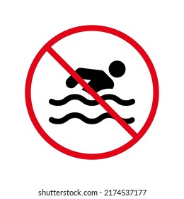 Warning Sign Ban Swim Zone Black Silhouette Icon. Caution Forbid Danger Swim Area Beach Pictogram. No Allowed Deep Water Dive Red Stop Circle Symbol. Prohibit Swim Zone. Isolated Vector Illustration.