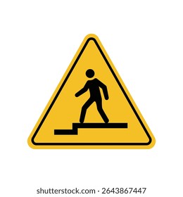 Warning sign be careful going down stairs ahead on yellow triangle board. Emergency sign Suitable for posters and web icons