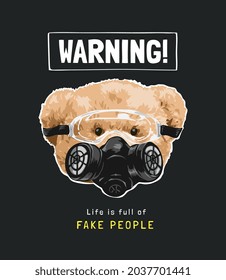 warning sign with bear doll in gas mask and safety goggle on black background vector illustration