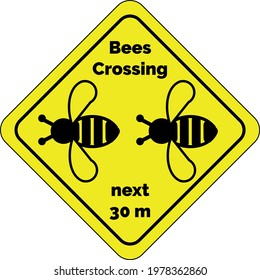Warning sign : Bees Crossing next 30 m . Yellow diamond-shaped sign with black letters and insect pictogram . Funny Annimal crossing sign with flying insects .