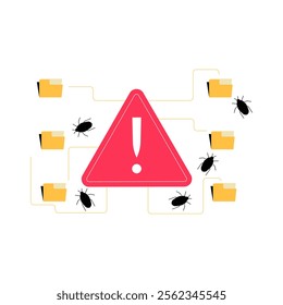 Warning Sign With Bugs And Files In Flat Vector Illustration Symbolizing Malware, Data Breach, And Cybersecurity Threats, Isolated On White Background.