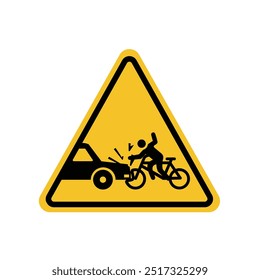 Warning sign of car accident hitting bicycle on yellow triangle board. Suitable for poster and web icon