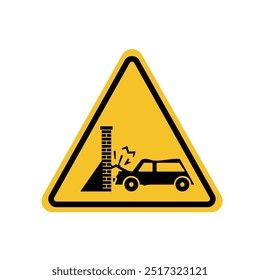 Warning sign of car crashing into wall on yellow triangle board. Suitable for poster and web icon