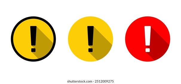 Warning sign, caution icon set with long shadow