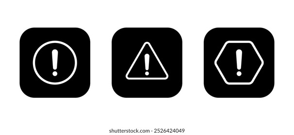 Warning sign, caution icon set on black square