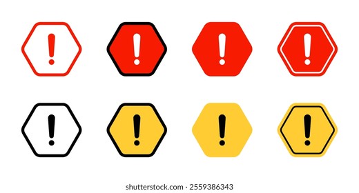 Warning sign, caution icon set collection in hexagon shape. Attention, danger alert symbol