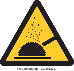 warning sign, circular saw blade with sparks flying, warning of potential cutting and flying debris hazards
