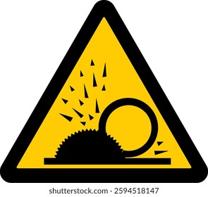 warning sign, circular saw cutting an object, emitting sparks and particles, indicating a hazard related to cutting machinery