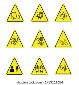 Warning sign collection for Coronavirus symptoms and precautions. Disinfection 2019-ncov. Hand hygiene for virus. Yellow triangle danger icons. Avoid transmitting COVID-19 with tips. 