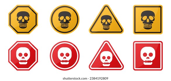 Warning sign collection with skull icon. Set of caution symbol with skull. Yellow and red hazard symbols sign. Toxic, electricity, chemical warning signs. Skull symbols in sign