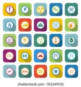 Warning sign color icons with long shadow on white background