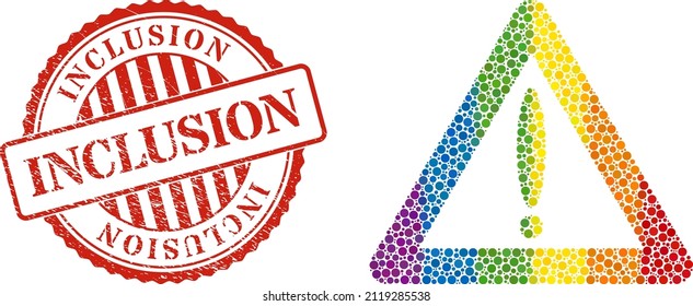 Warning sign composition icon of spheric dots in various sizes and rainbow colored shades. Red rounded rubber seal imprint with Inclusion caption. A dotted LGBT- colored warning sign for lesbians,
