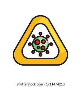warning sign with covid 19 virus symbol over white background, line color style, vector illustration