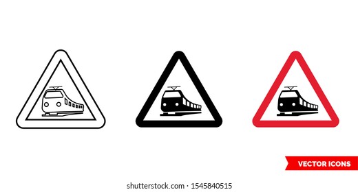 Warning sign of crossing railroad icon of 3 types: color, black and white, outline. Isolated vector sign symbol.