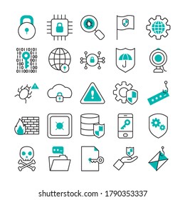 signo de advertencia e icono de ciberseguridad sobre fondo blanco, medio color de estilo, ilustración vectorial