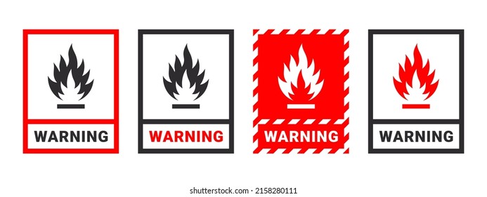 Warning sign. Sign danger flammable liquids or materials. Flammable substances icons set. Vector icons