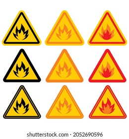 warning sign, danger of ignition, fire, set of vector illustration
