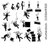 Warning sign, danger risk symbol, and safety precaution at workplace. Vector illustrations pictogram of manual handling, dangerous object things falling from above and dropping boxes hazard. 
