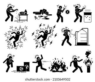 Warning sign, danger risk symbol, and safety precaution at workplace. Vector illustration pictogram of corrosive acid, poison, electrostatic, high voltage electricity, hot water, fire, and flammable. 