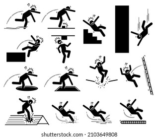 Warning sign, danger risk symbol, and safety precaution at workplace. Vector illustrations pictogram of entangle, slip, trip, fell down, hole, staircase, slippery, fragile roof, and moving floor. 