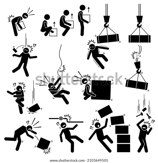 Warning sign, danger risk symbol, and safety precaution\
at workplace. Vector illustrations pictogram of manual handling,\
dangerous object things falling from above and dropping boxes\
hazard. 