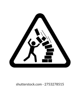 Warning sign depicting a falling brick hazard with a person symbol inside a triangle