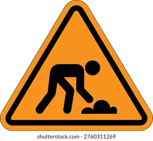 Warning sign depicting road construction worker with shovel and pile of dirt