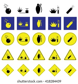 Warning sign of detonated bomb, grenade, explosive chemicals