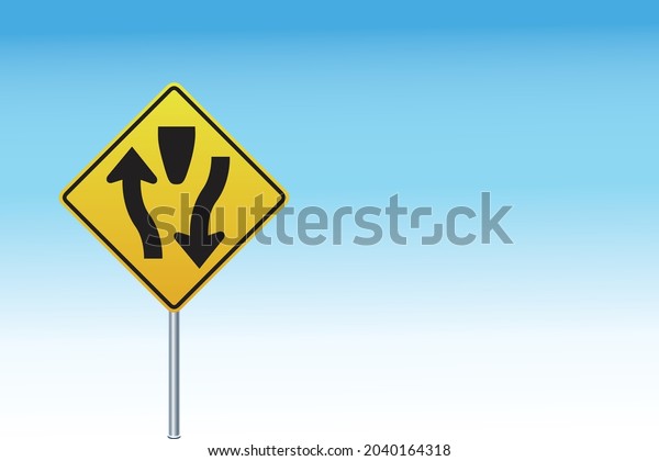 Warning sign of Divided\
road begins isolated on blue background,Traffic Sign. Vector\
illustration eps 10.