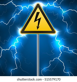 Warning sign. Electrical hazard. Fenced danger zone. A pillar with a sign. Lightning strikes. Flash arcing. Fantastic background. Vector illustration.