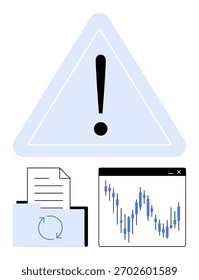 Sinal de aviso com ponto de exclamação, pasta do documento com símbolo de reciclagem e gráfico de castiçal. Ideal para gerenciamento de dados, alertas de segurança, backups, gerenciamento de riscos, análise financeira e problemas de TI