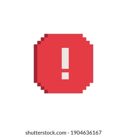 Warning sign, exclamation mark. Stop sign, pixel art icon, isolated vector illustration. Design for stickers, logo, web and mobile app.