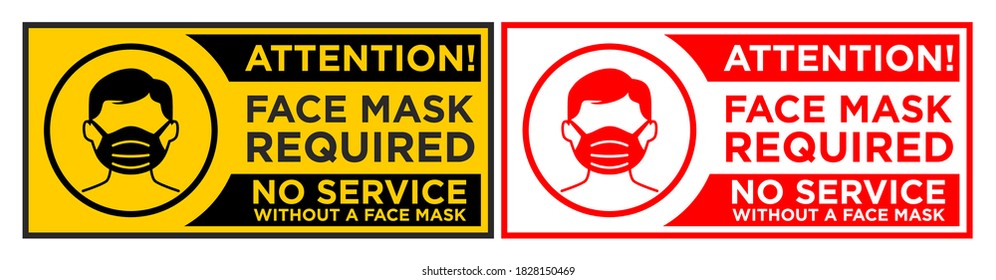 Warning sign Face mask required before entering . Infection preventive measure sticker on entrance door. Horizontal warning signage for restaurant, cafe and retail business. Illustration, vector on tr