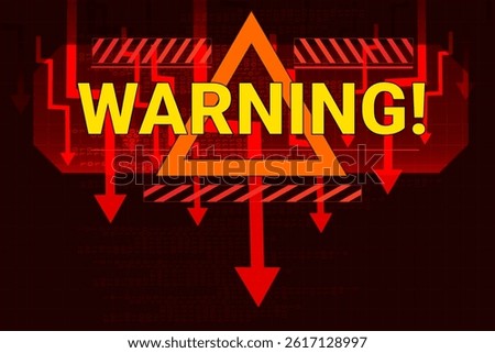 Warning sign and falling arrows highlight urgent economic risk and crisis conditions across industries. Vector illustration. Concept of emergency alert, stock collapse, instability, financial warning.
