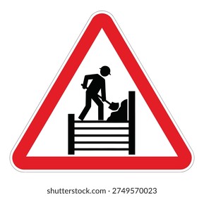 A warning sign featuring a black silhouette of a worker with a shovel behind a barrier, indicating road construction or work in progress. The sign has a red border and a white background.