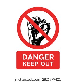A warning sign featuring a red prohibition circle over a clenched fist holding eyeglasses, with a red rectangular sign below saying 