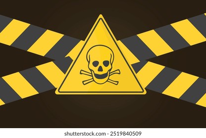 A warning sign featuring a skull and crossbones symbol, indicating danger or poison. Black and yellow stripes create a striking background.